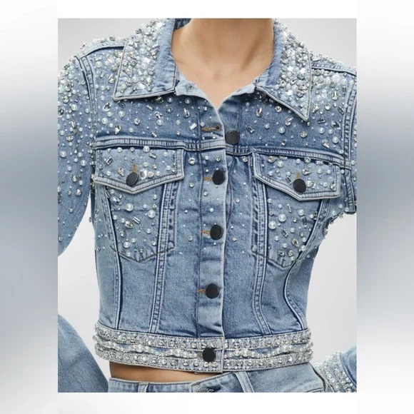 Alice + Olivia Pearl Studded Light Blue Denim Jacket XS